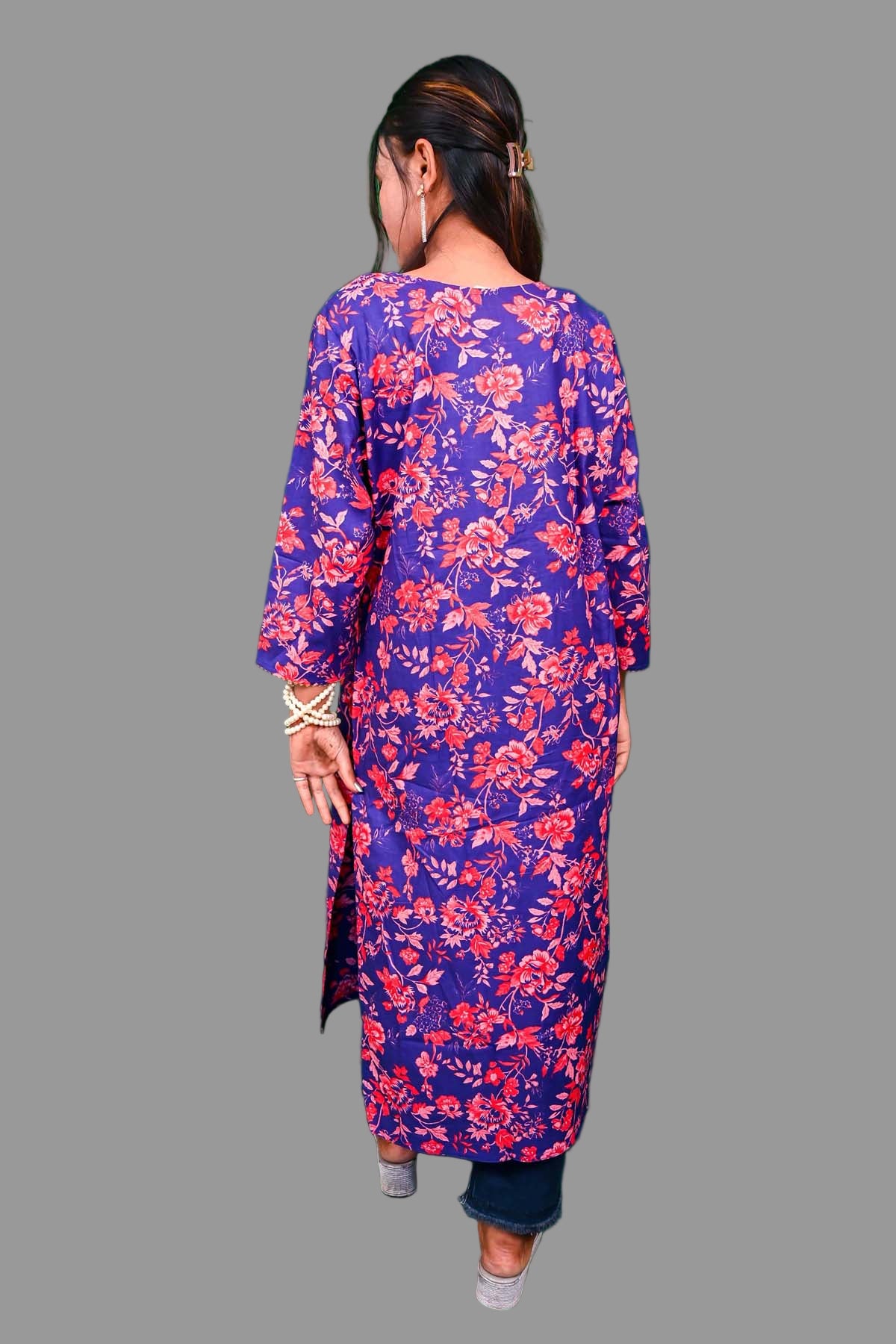 royal blue with pink-red floral printed cotton kurti