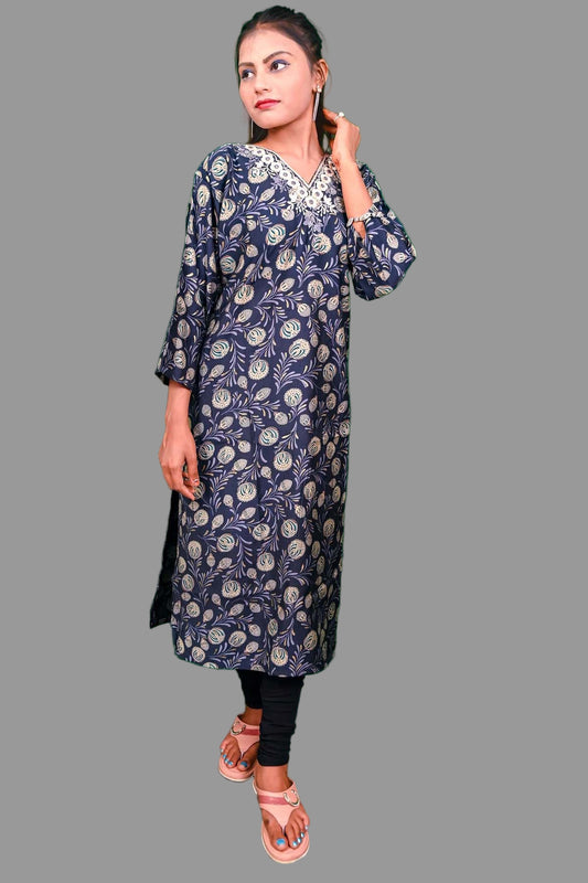 navy bluekurti with golden floral print & cream embroidered neckline