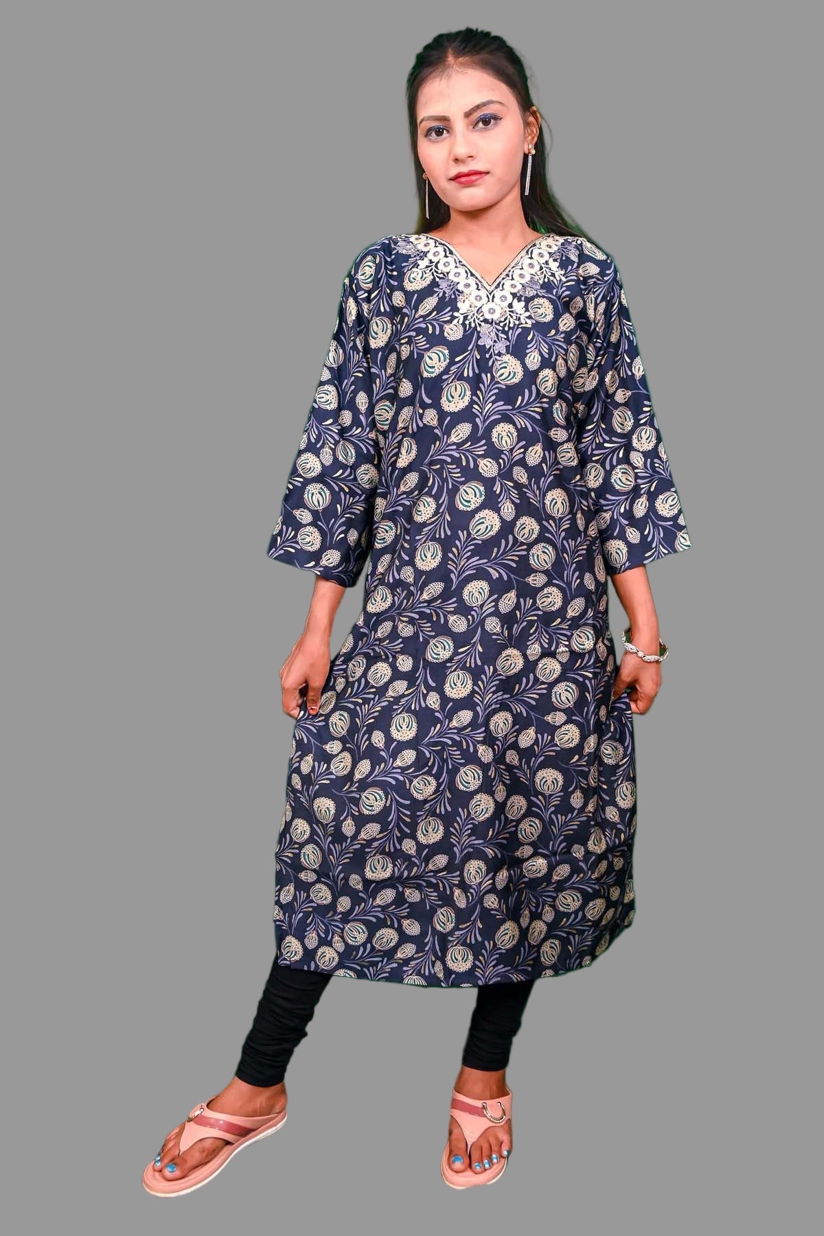 navy bluekurti with golden floral print & cream embroidered neckline