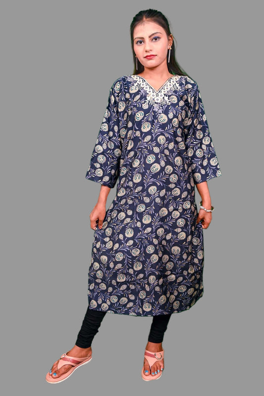 navy bluekurti with golden floral print & cream embroidered neckline