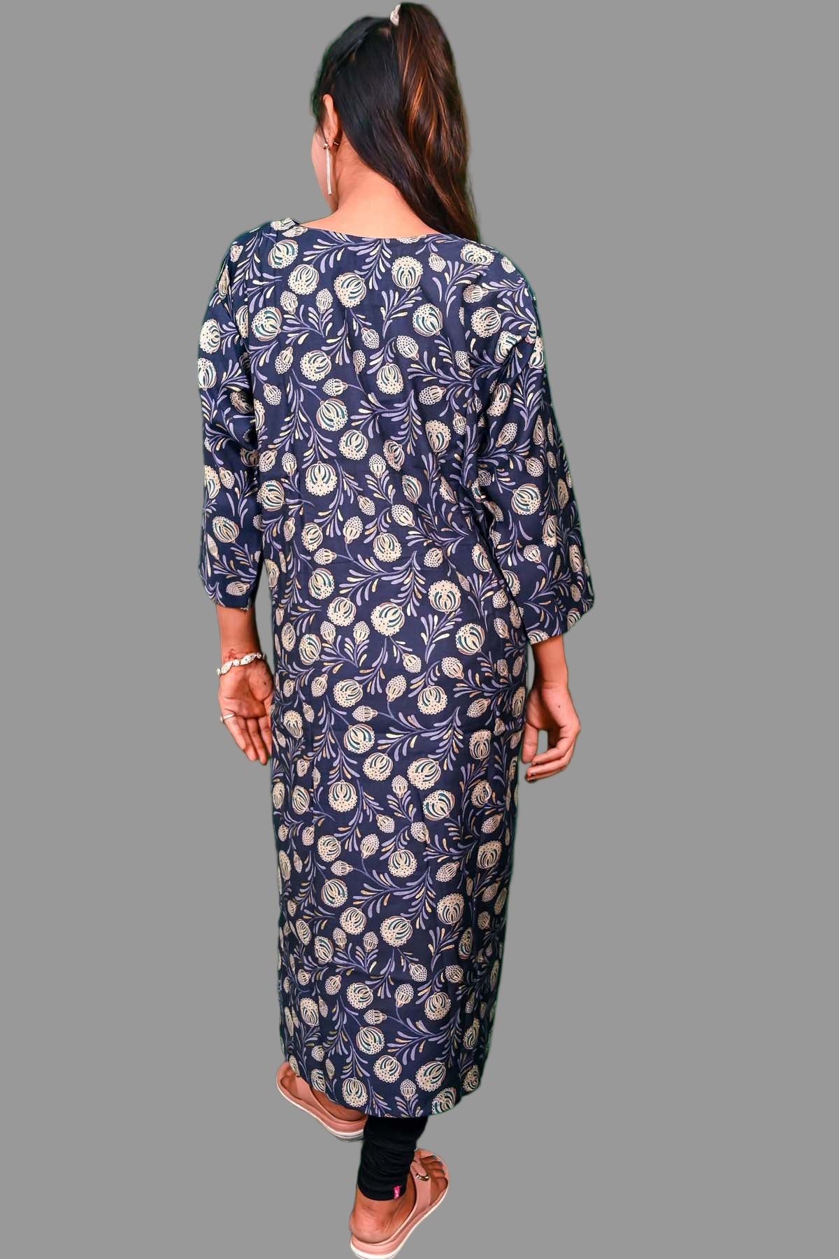 navy bluekurti with golden floral print & cream embroidered neckline