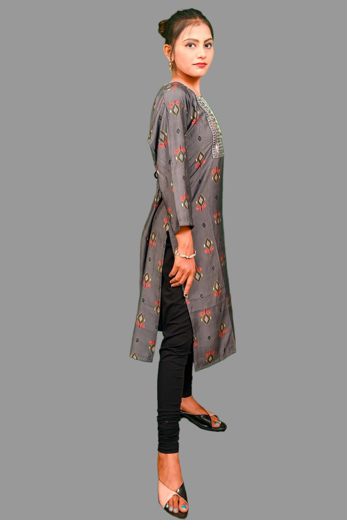 charcoal grey designer kurti with golden sequin embroidery