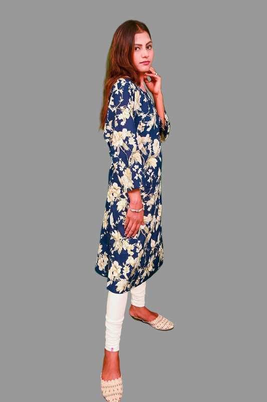 trendy navy blue cotton floral kurti