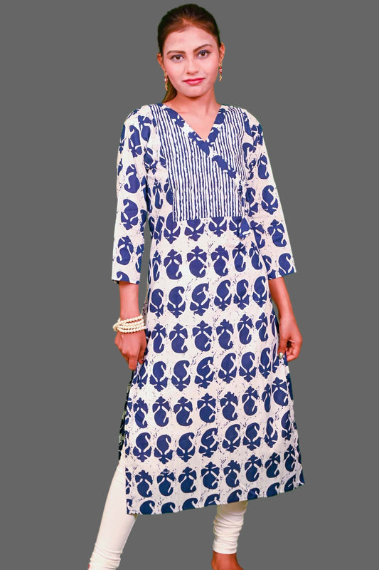stylist white kurti with navy blue floral & stripe print