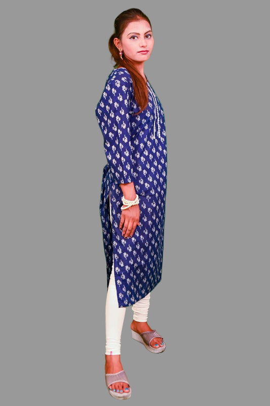 navy blue printed kurti with white detailing