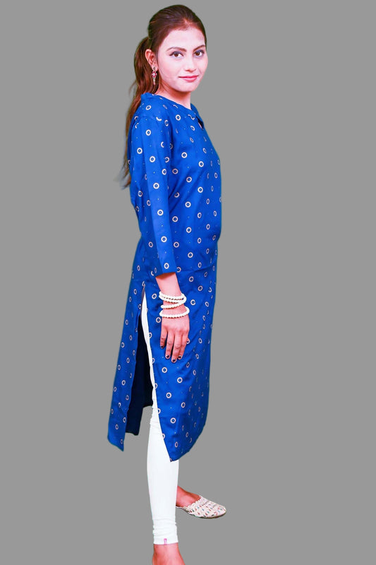 royal blue kurti with golden printed motifs