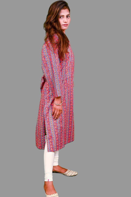 Pink floral printed kurti with multicolor stripes