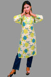 elegant off white kurti with green yellow floral design & lace border