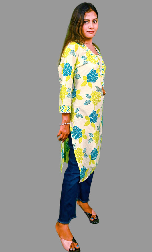 elegant off white kurti with green yellow floral design & lace border