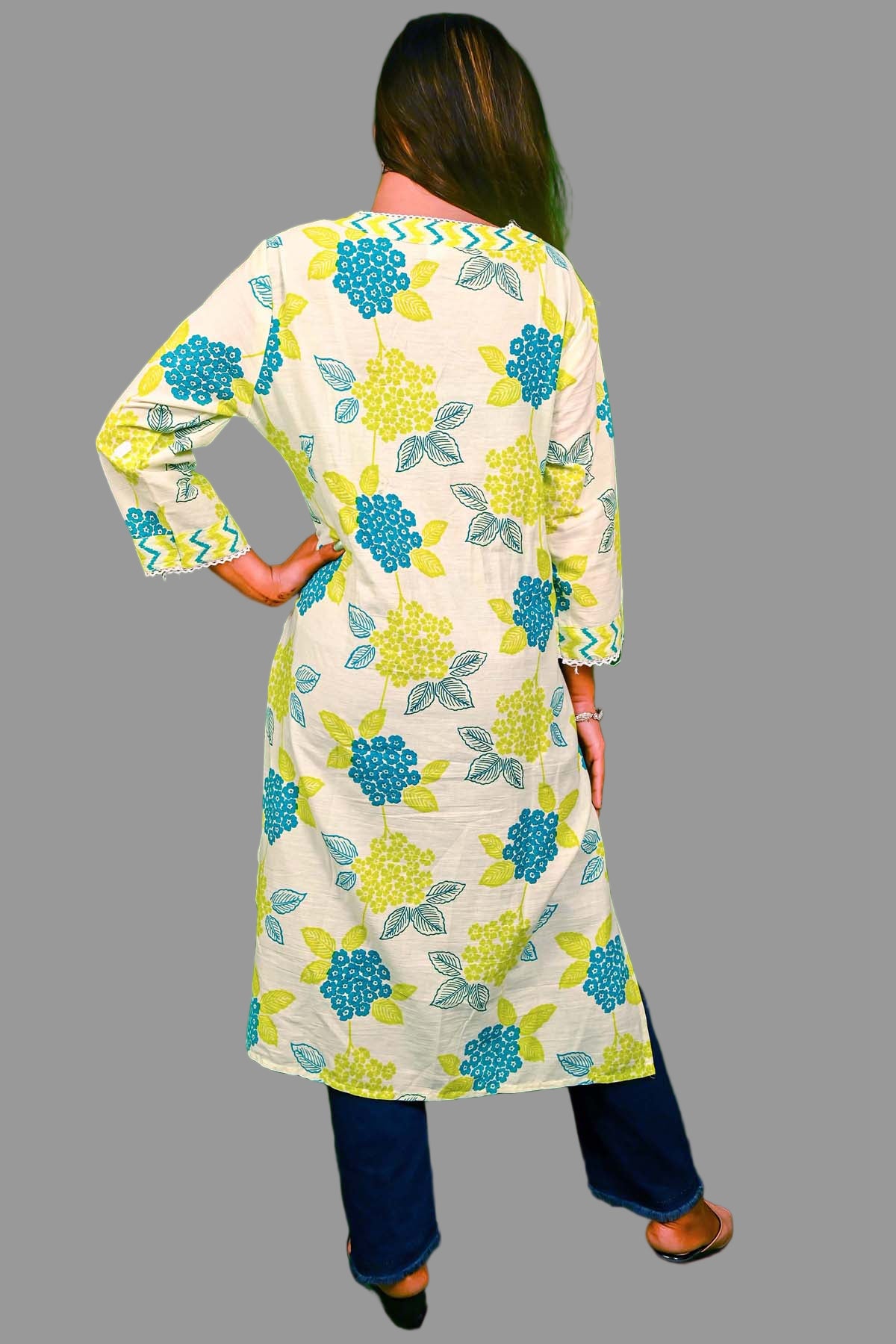 elegant off white kurti with green yellow floral design & lace border