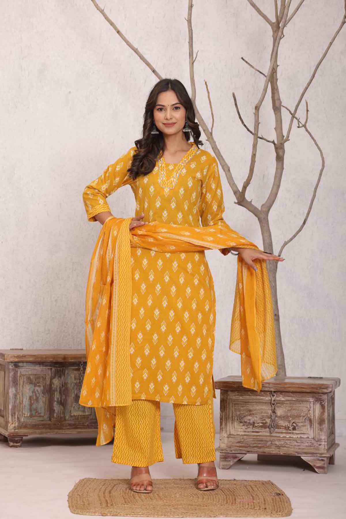 mustard glow ikat kurti set with dupatta  for festive & daily wear