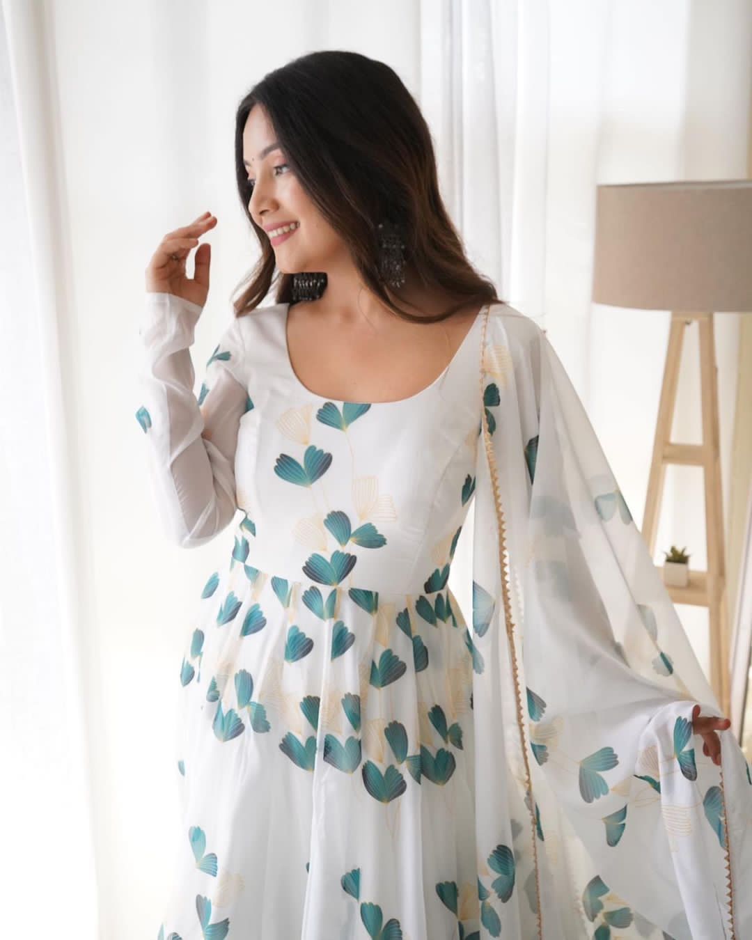 white floral anarkali kurti with dupatta