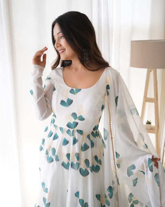 white floral anarkali kurti with dupatta