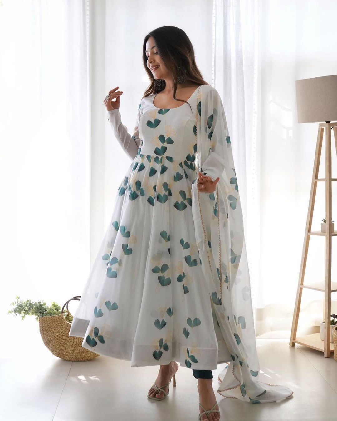 white floral anarkali kurti with dupatta