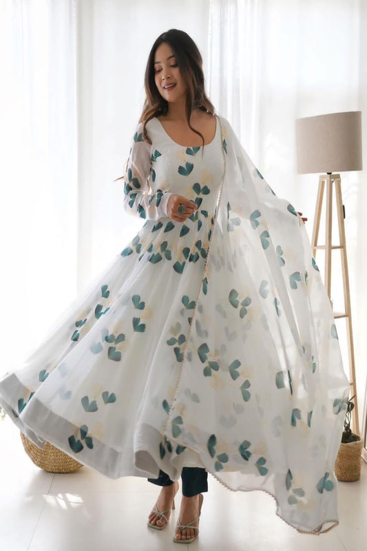 white floral anarkali kurti with dupatta