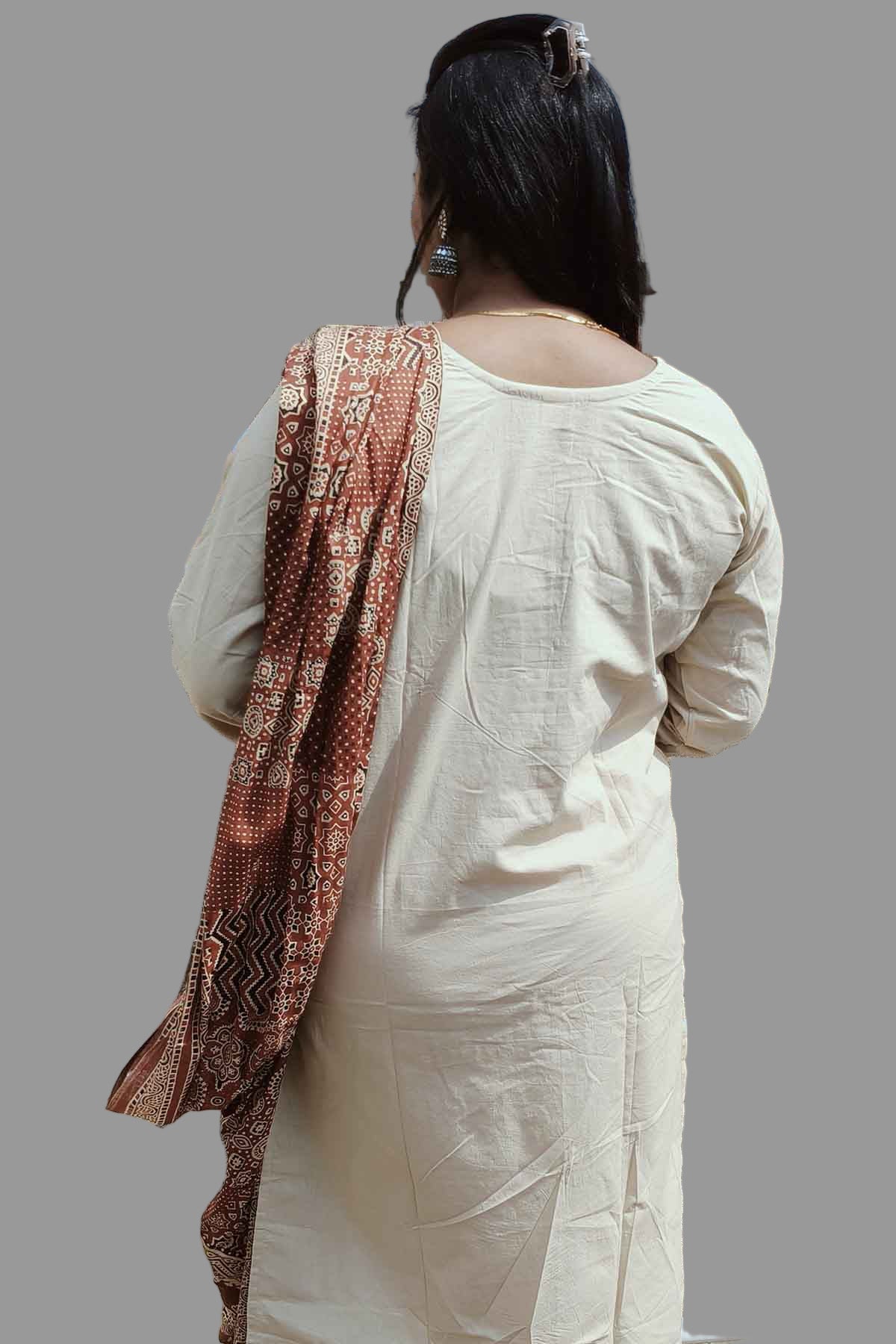 trendy beige color kurti set with rust red patch design