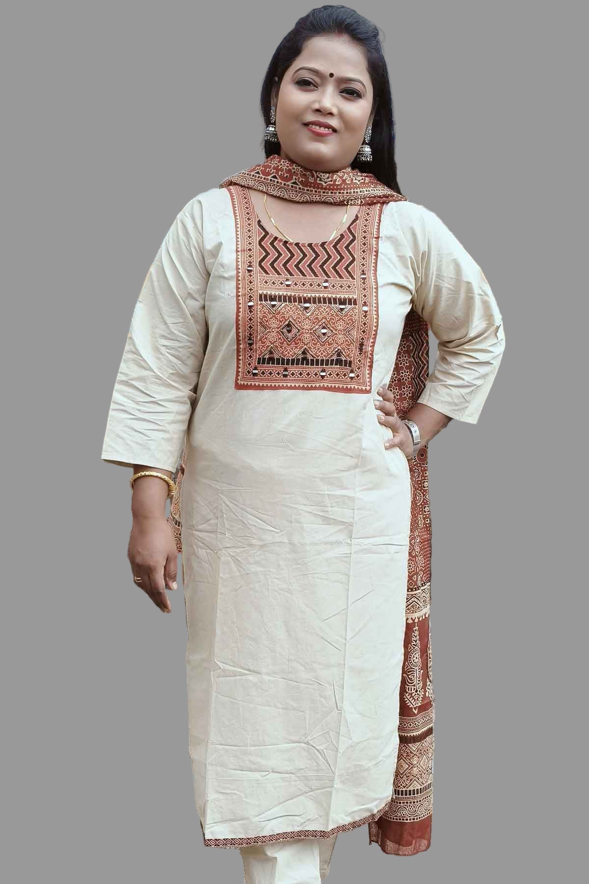 trendy beige color kurti set with rust red patch design
