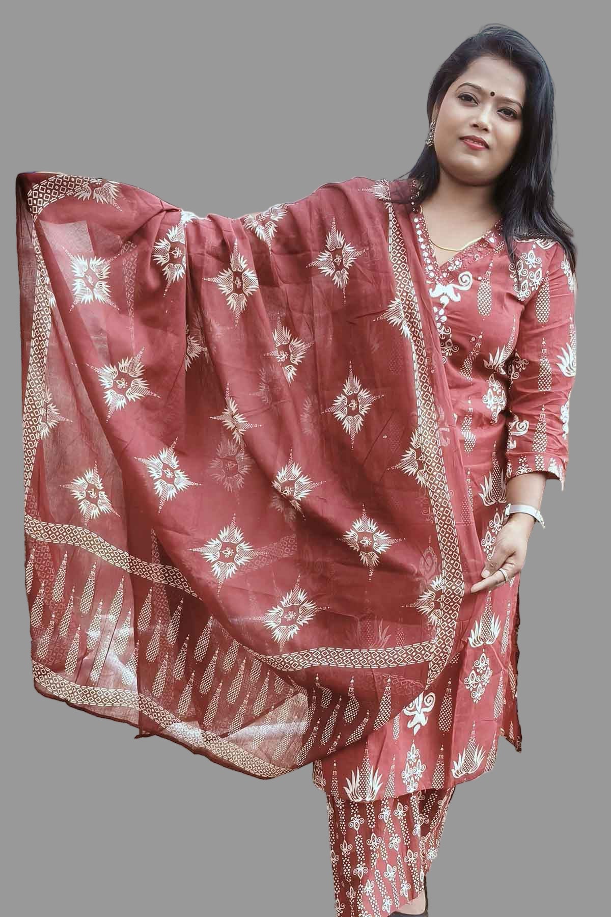 designer maroon  cotton kurti set with stylish mirror embellishments