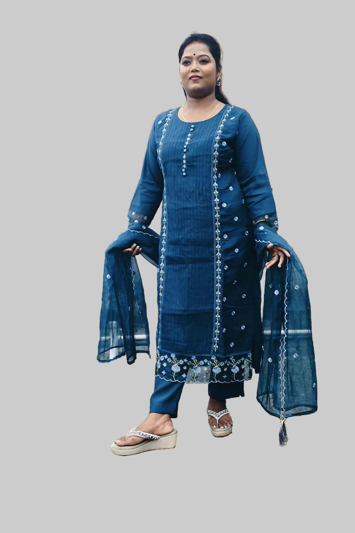 elegant teal blue kurti set with lace detailing