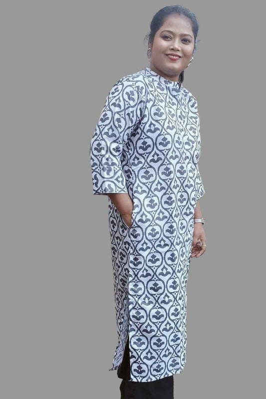 Elegant white & grey ikat printed kurti with pocket