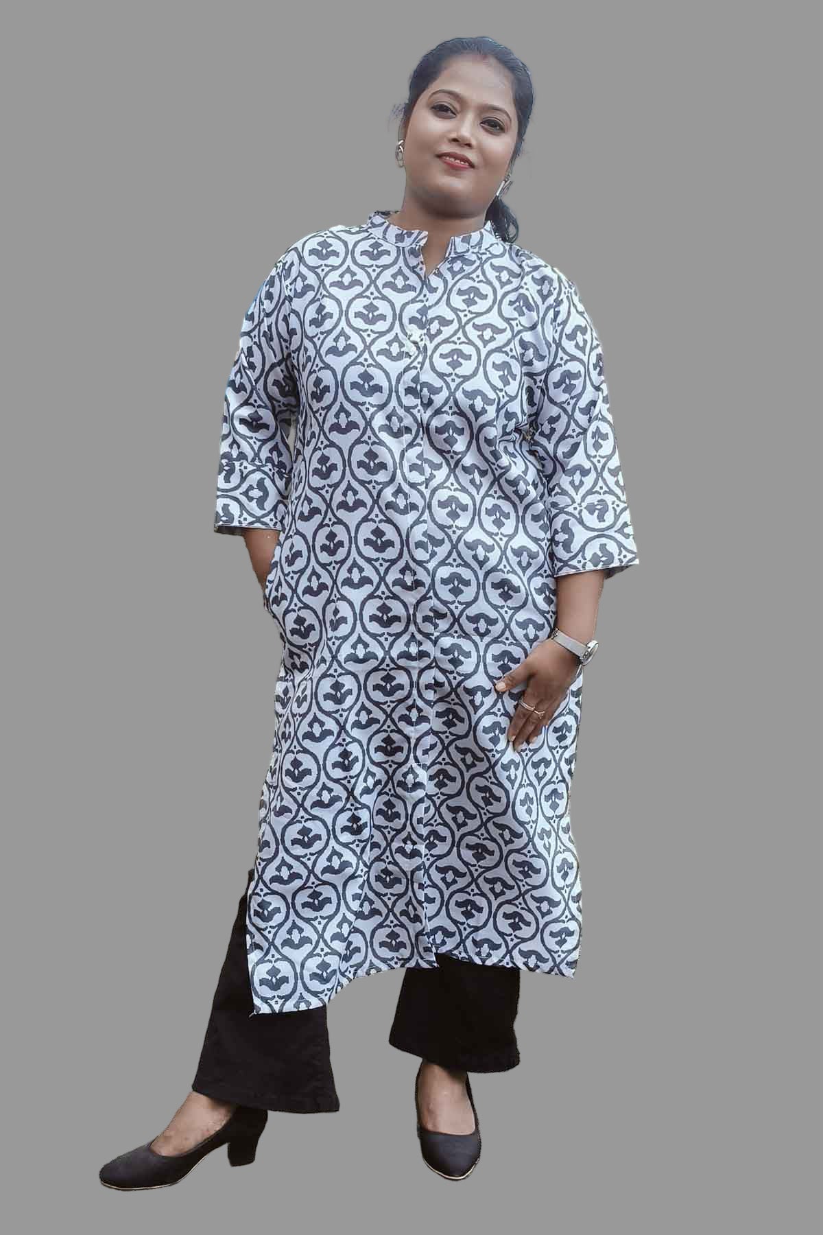 elegant white & grey ikat printed kurti with pocket