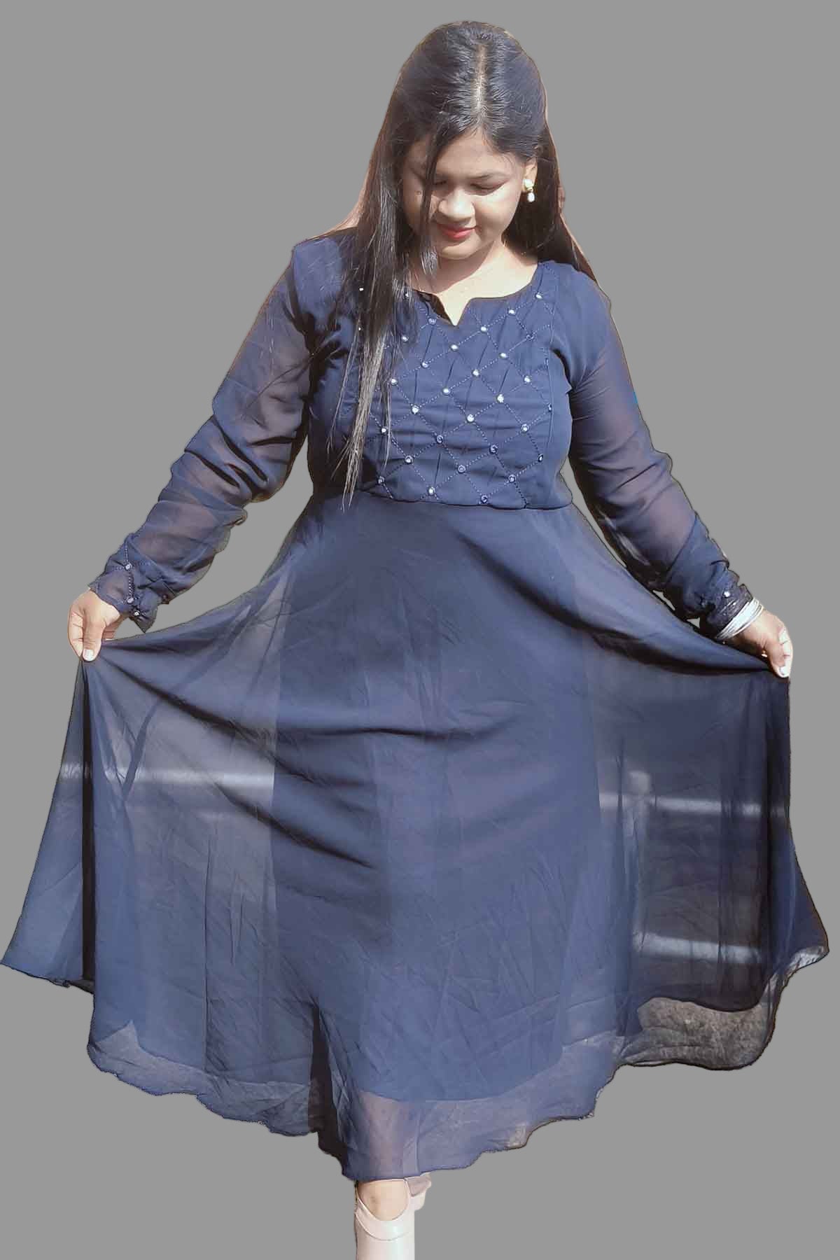 blue anarkali kurti & dupatta with mirror sequin