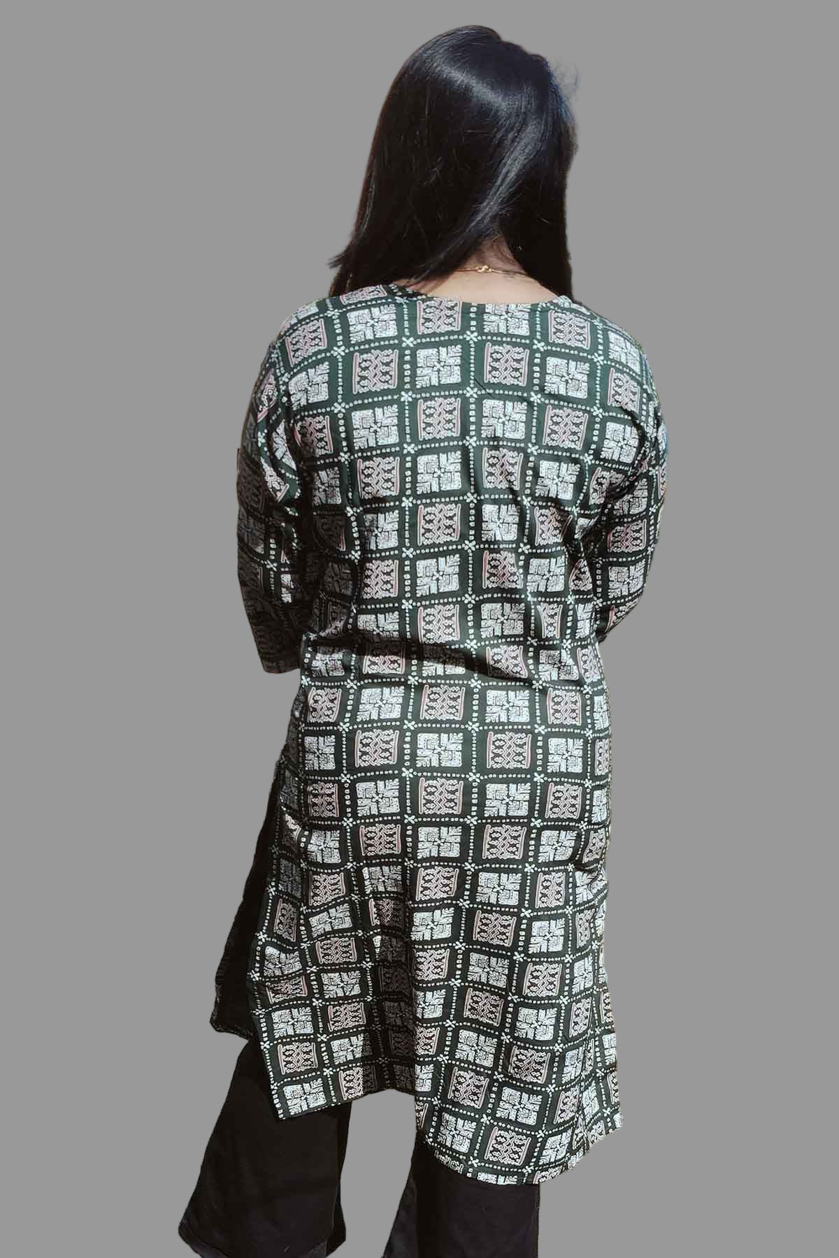 trendy dark green block print kurti