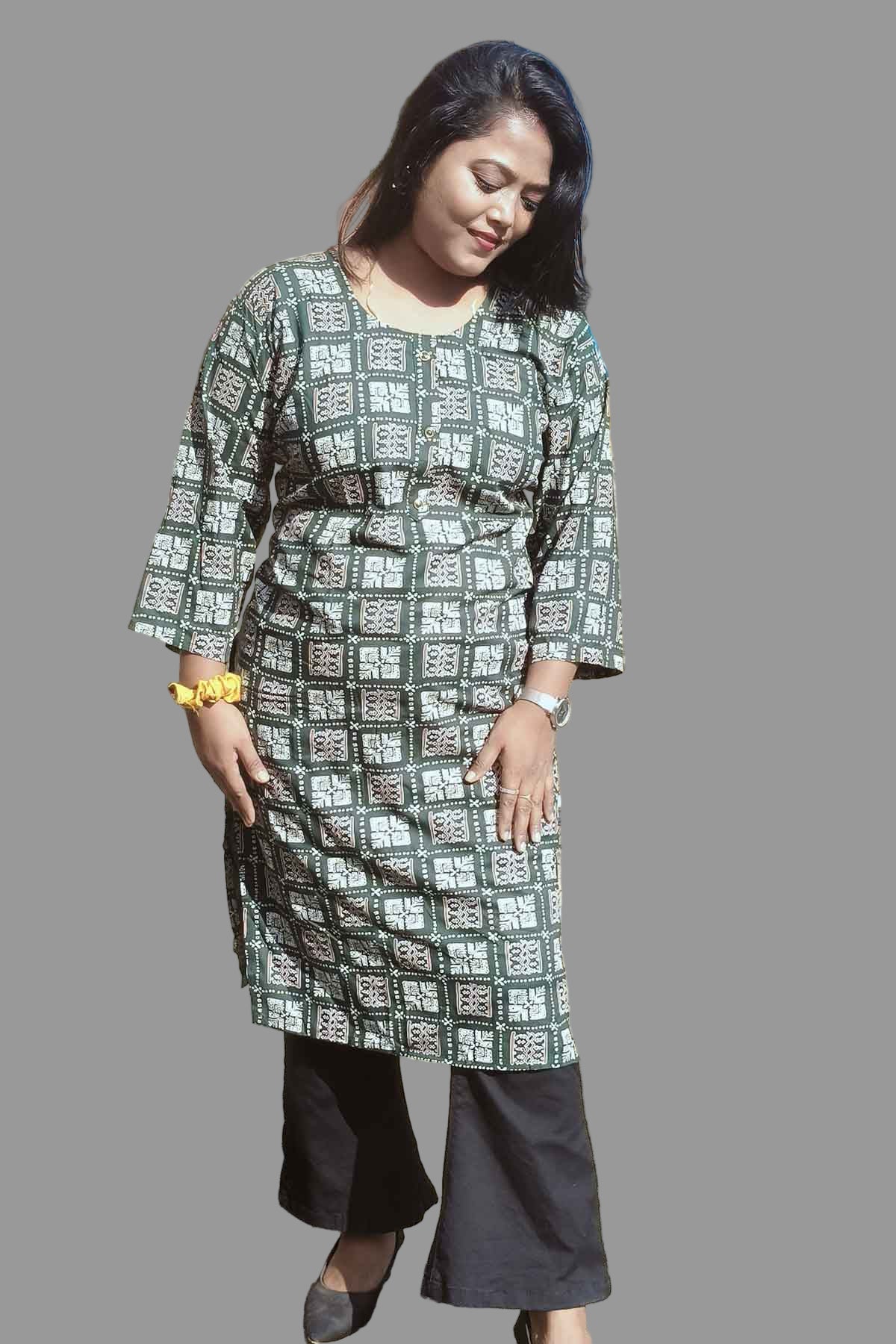 trendy dark green block print kurti