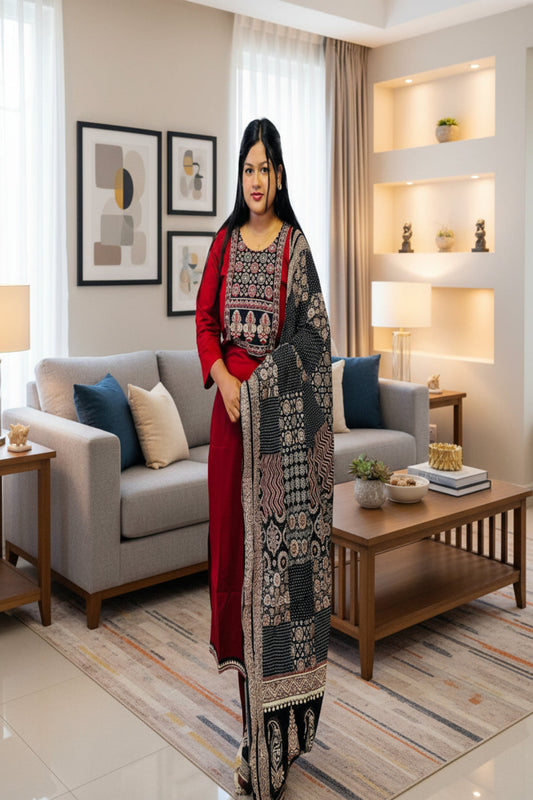 designer maroon kurti with floral motifs