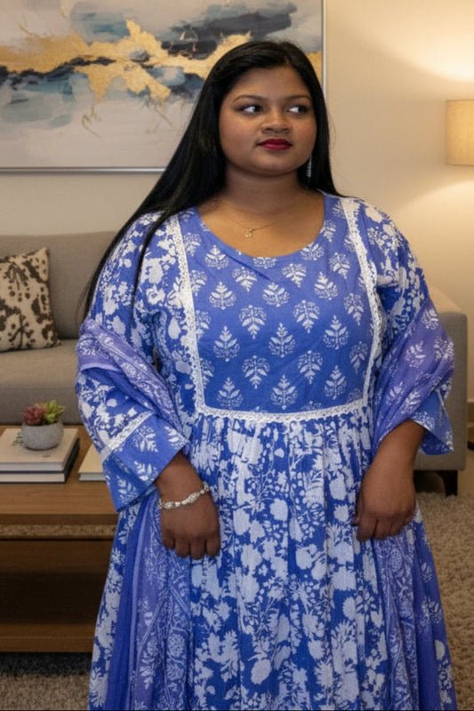 elegant sky blue cotton kurti with white print & sequin work