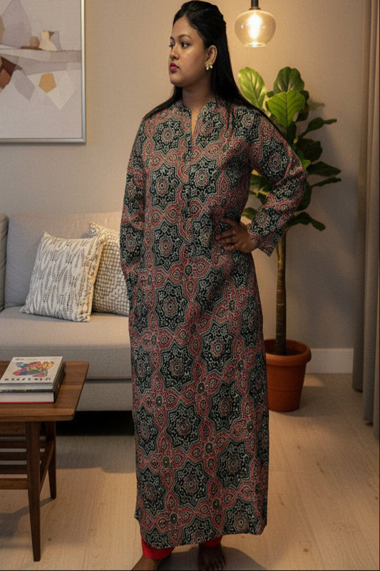 stylish black and  green cotton kurti with traditional ajrakh print