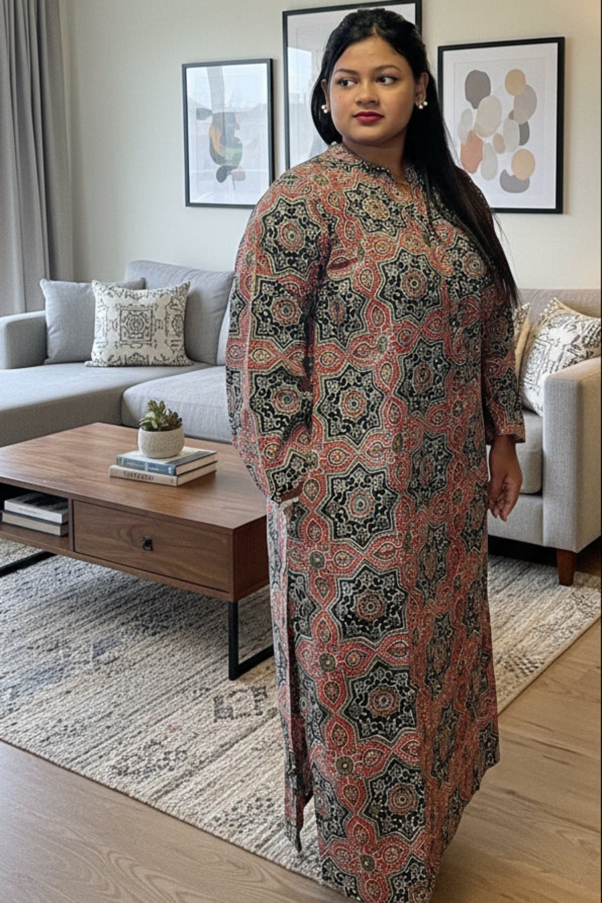 stylish black and  green cotton kurti with traditional ajrakh print