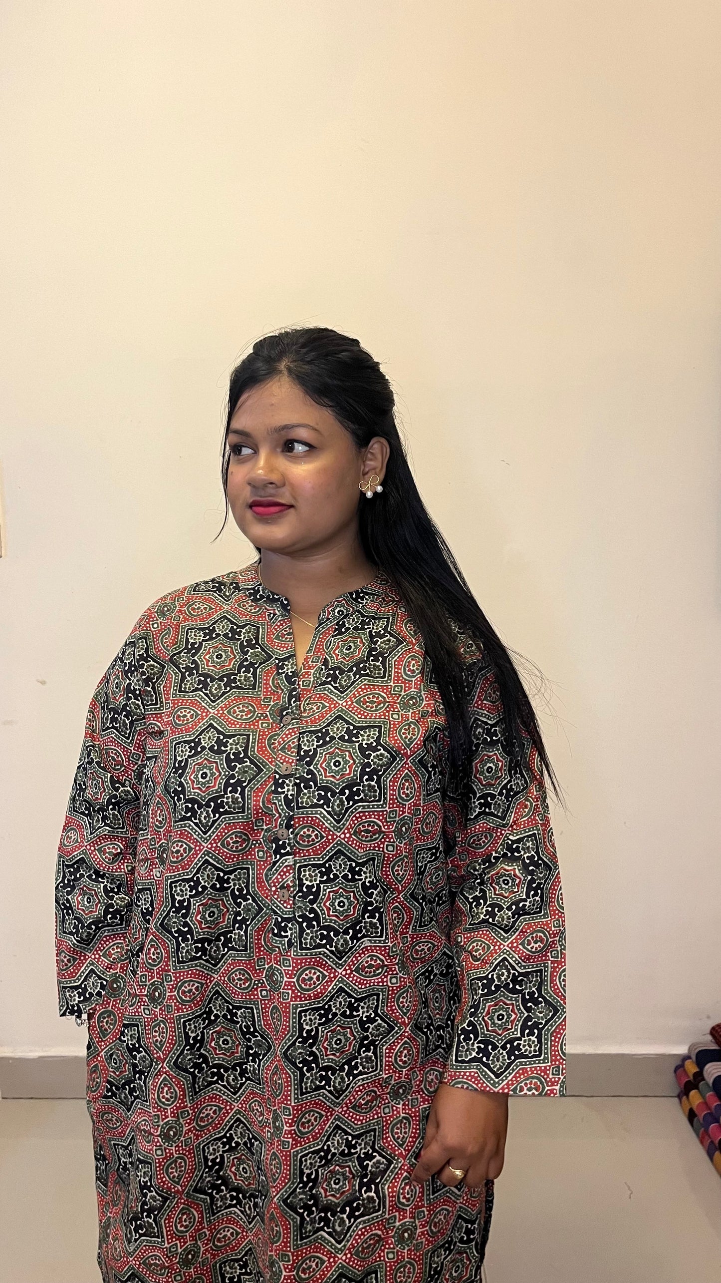 stylish black and  green cotton kurti with traditional ajrakh print