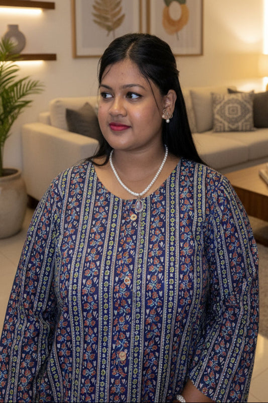 Elegant navy blue cotton kurti with multicolor stripe floral pattern and pocket.