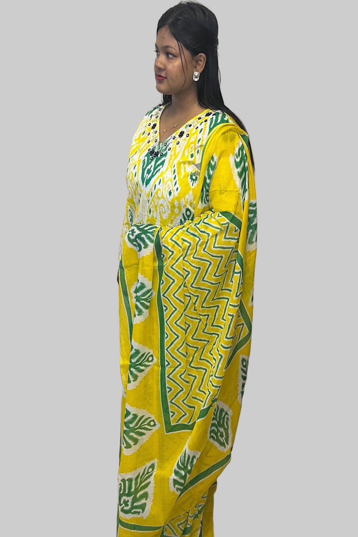 designer yellow  cotton kurti set with stylish mirror embellishments