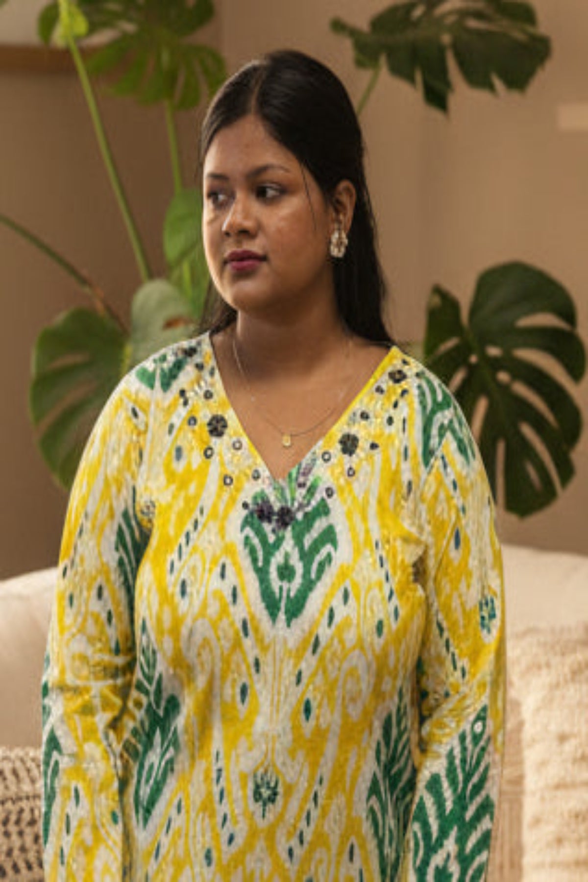 designer yellow  cotton kurti set with stylish mirror embellishments