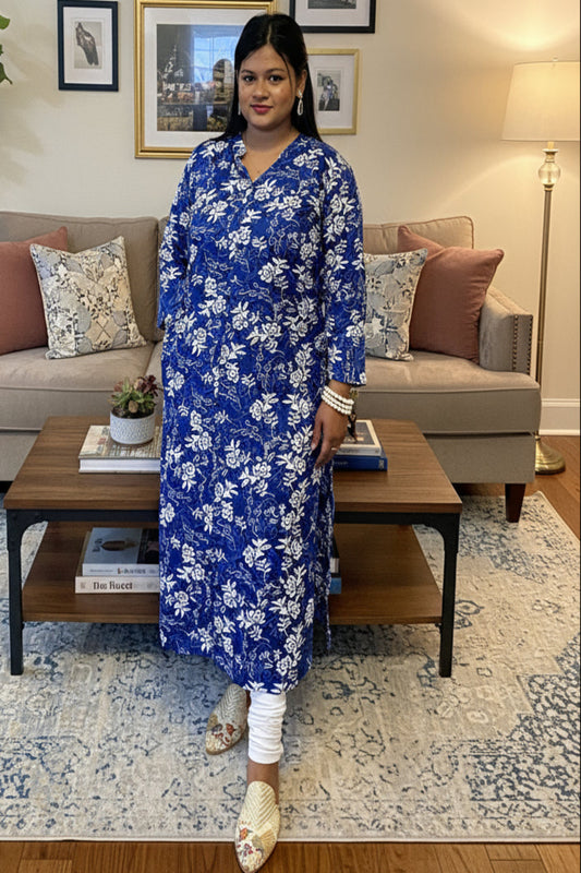 royal blue & flower print kurti with pocket
