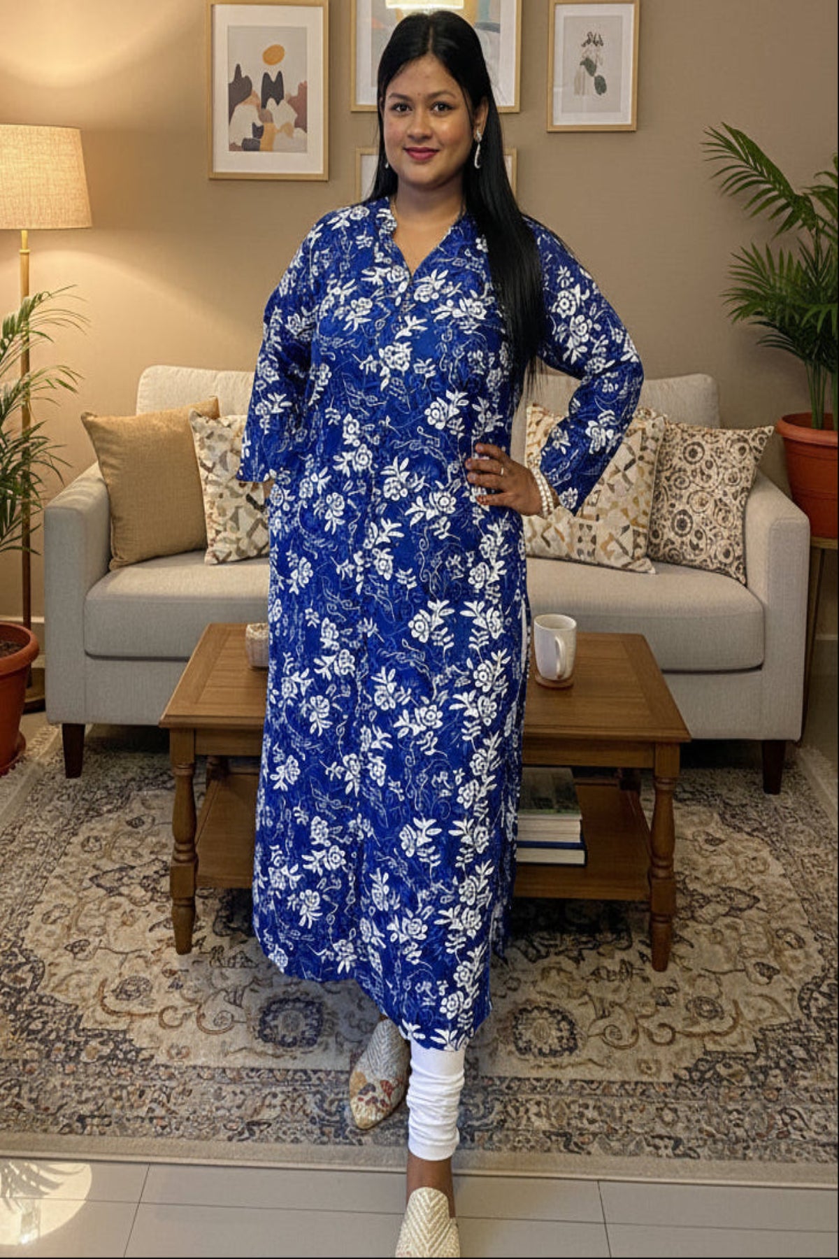 royal blue & flower print kurti with pocket