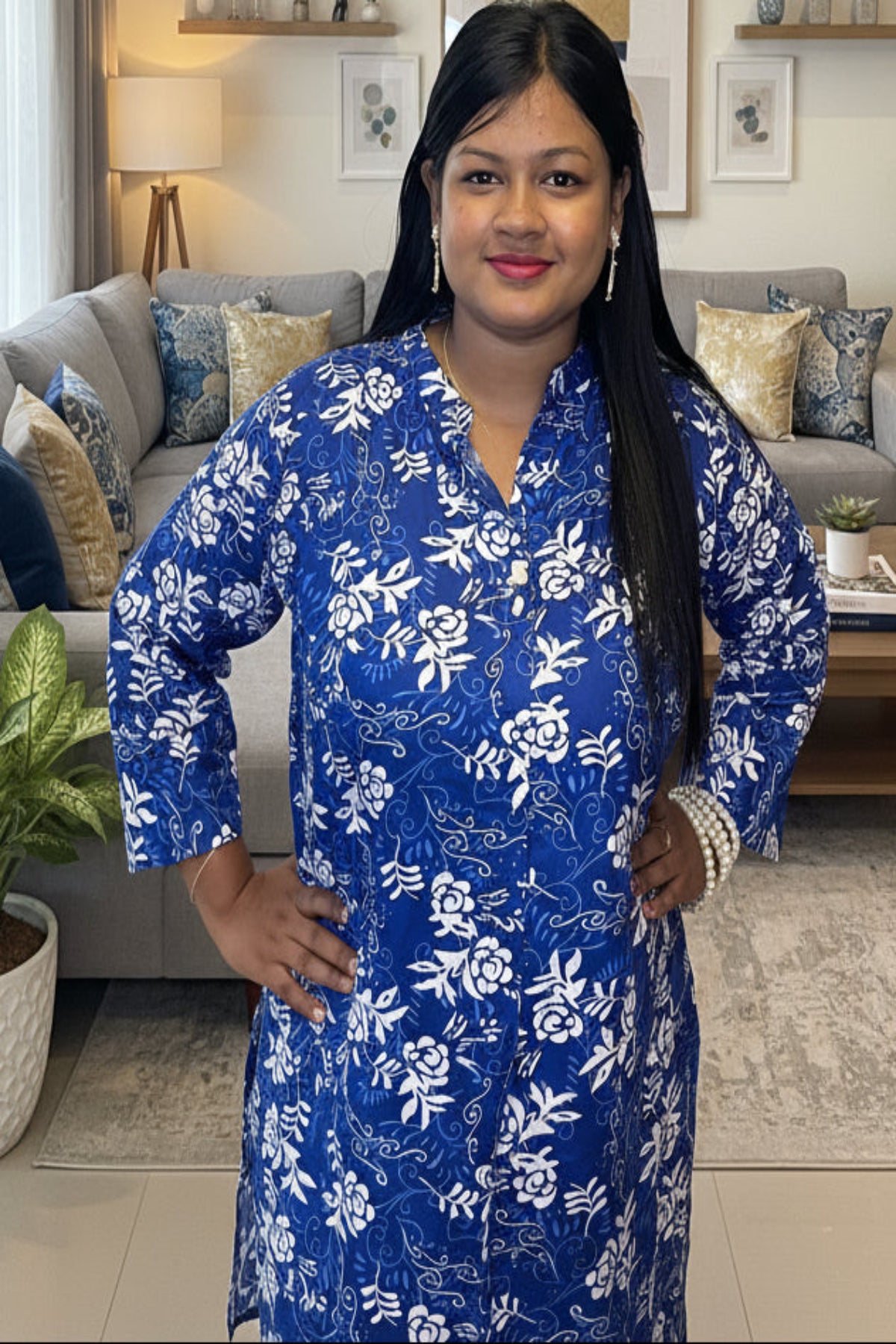 royal blue & flower print kurti with pocket