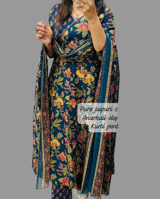 blue floral printed angrakha kurti set