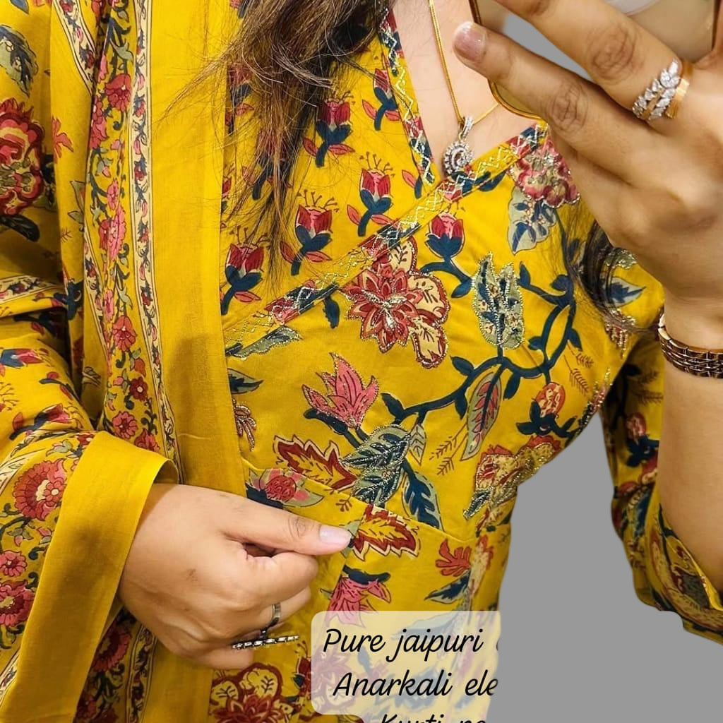 mustard yellow floral printed angrakha kurti set