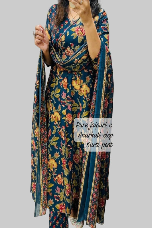 blue floral printed angrakha kurti set