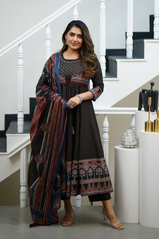 Elegant black Anarkali cotton kurti sets