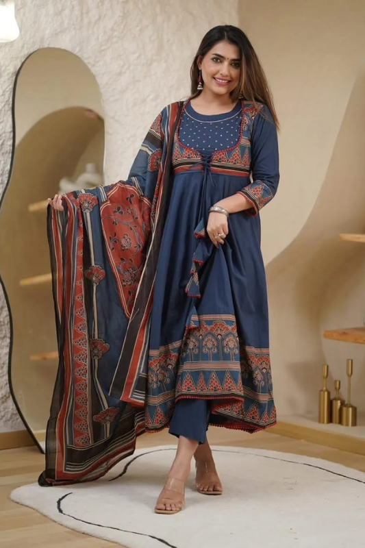 Elegant blue Anarkali cotton kurti sets