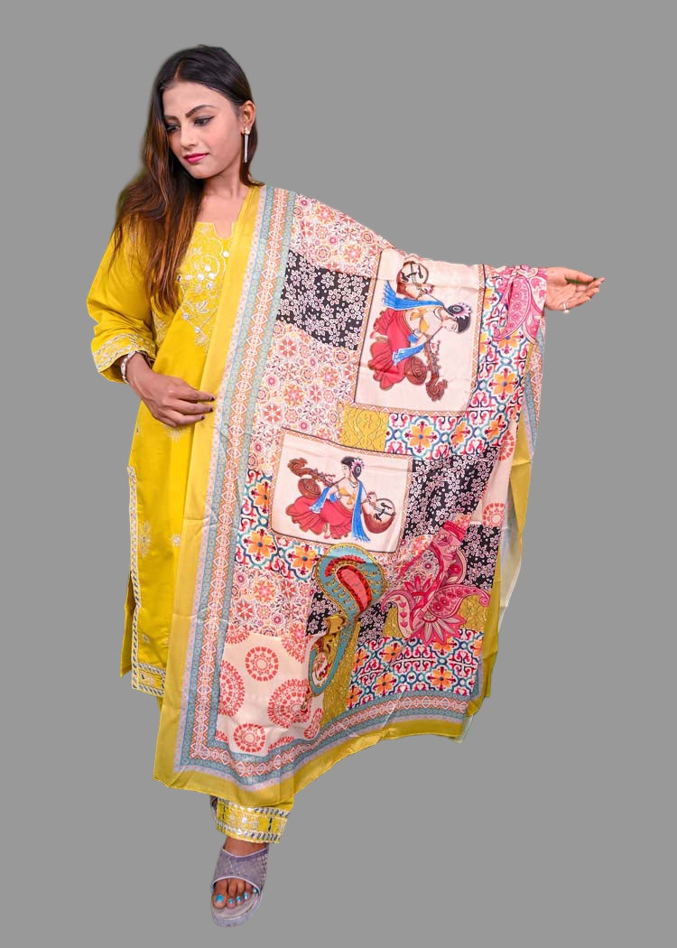 festive yellow kurti set with shimmering silver work