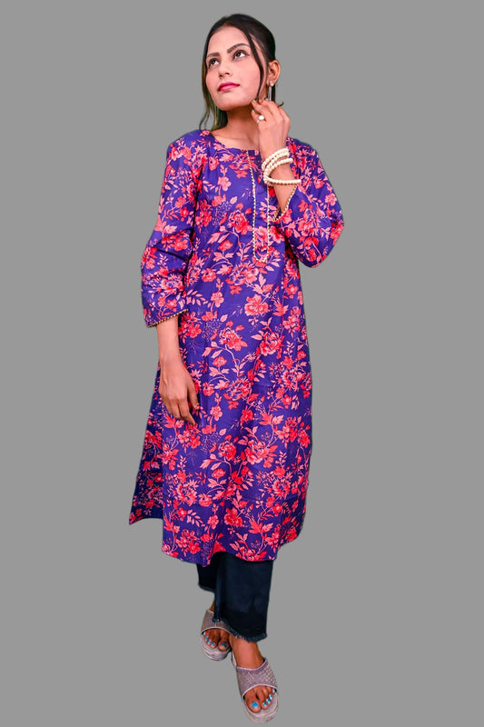 royal blue with pink-red floral printed cotton kurti
