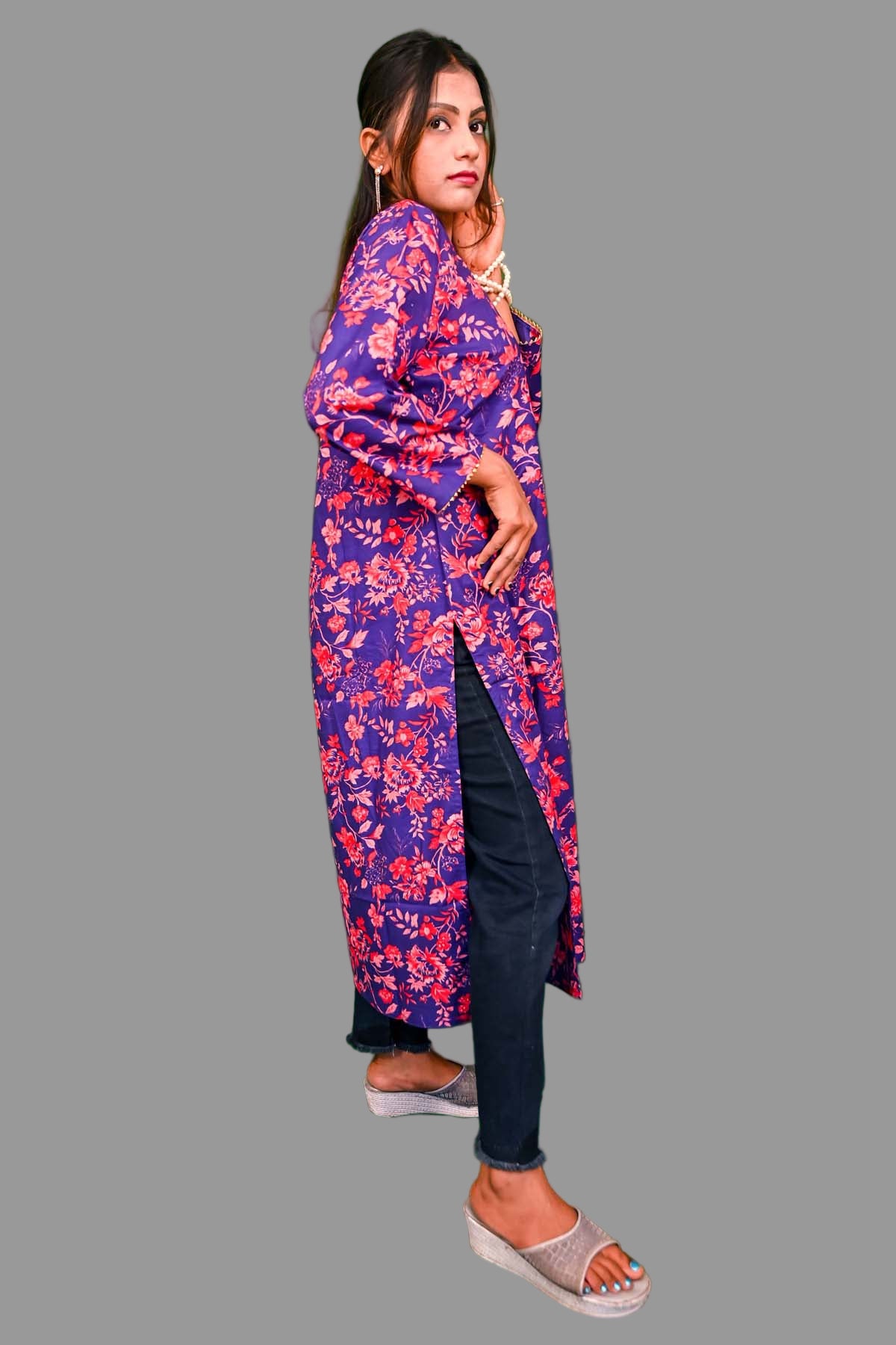 royal blue with pink-red floral printed cotton kurti