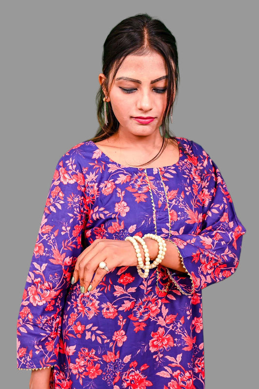 royal blue with pink-red floral printed cotton kurti