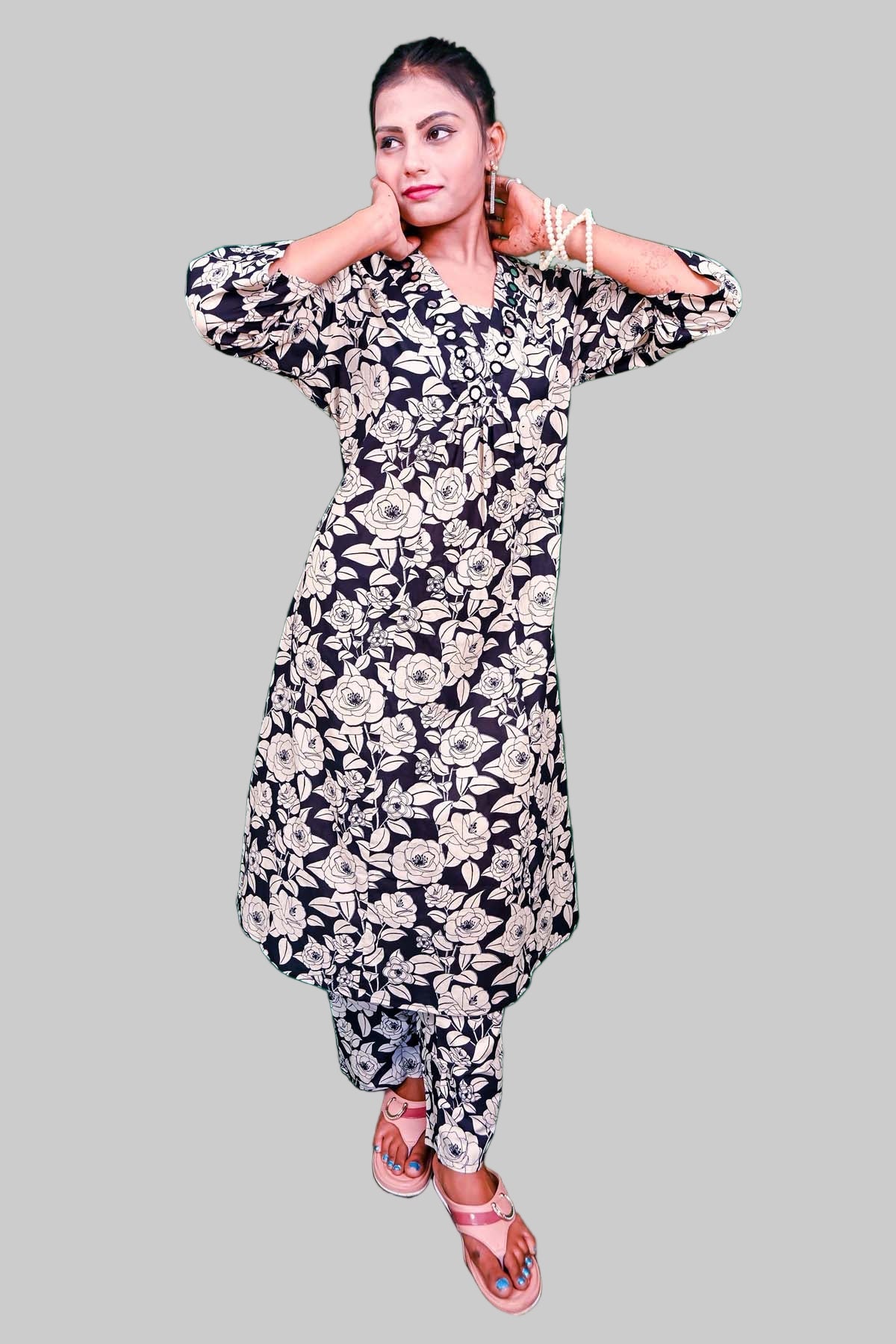 Black cord-set pure cotton kurti mirror on neck