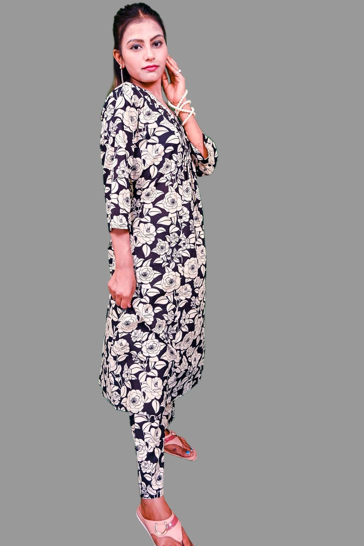 Black cord-set pure cotton kurti mirror on neck